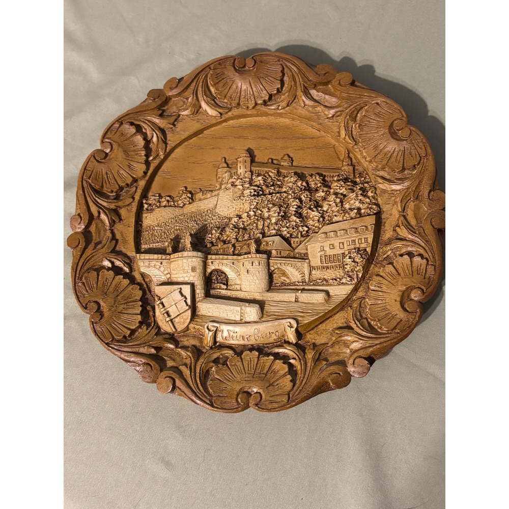 Vintage Carved German Wooden 3D Relief  Plate Wurzburg